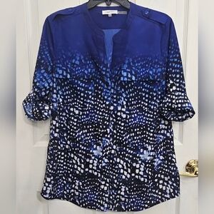 Calvin Klein Women’s Small Blue Ombre Snake Print Roll-Tab Sleeve Blouse
